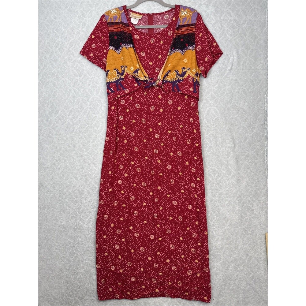 VTG 90s Maxi Dress Large Red Gold Camel Celestial Stars Witchy Gypsy Hippie Boho